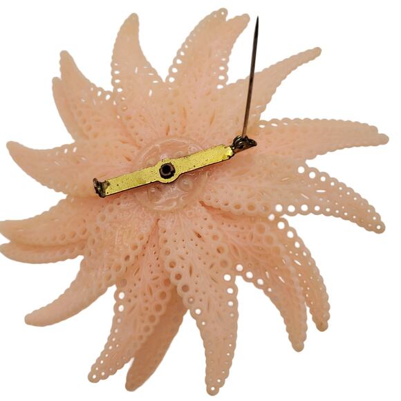 Pale Peach Celluloid Flower Brooch Huge 4" Early Plastic Pin Acrylic Corsage - Picture 6 of 9